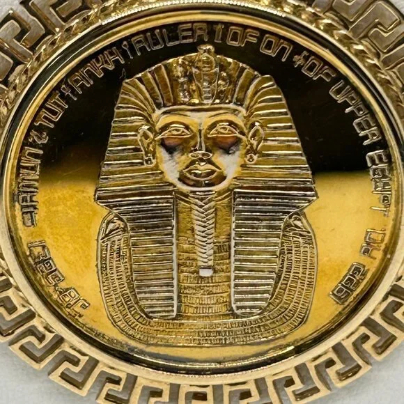 Tutankhamun Gold-tone Coin Pendant Necklace Egyptian Symbols & Greek Key Border - Picture 4 of 14